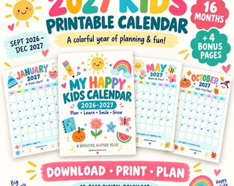 2027 Kids Calendar Printable, Cute Monthly Calendar for Kids, 2026 2027 Calendar, Homeschool Planner, Classroom Calendar PDF