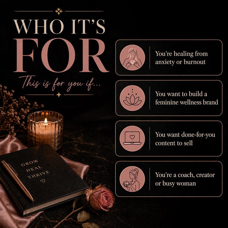 May include: A black notebook with the gold text GROW HEAL THRIVE, a gold pen, a lit candle, and a rose. The image features a list titled WHO IT'S FOR with four icons and text describing healing from anxiety, building a wellness brand, selling content, and being a coach or creator.
