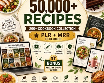 Paquete de más de 50.000 recetas, 200 libros de cocina PLR MRR, pollo, pasta, postres, repostería, dieta cetogénica, vegana, colección de libros de cocina digitales editables.