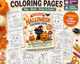 Halloween Coloring Book for Kids Ages 4-8, 30 Cute Halloween Coloring Pages, Ghost Pumpkin Witch Printable PDF + Bonus Mini Coloring Cards