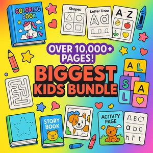 May include: A colorful illustration of a kids bundle with a coloring book, story book, activity pages, and shape and letter tracing cards. The image includes a maze, alphabet blocks, crayons, and star and heart decorations. The text reads "Biggest Kids Bundle".