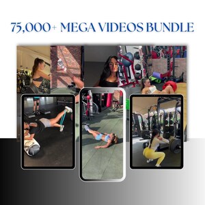 Peut inclure: Image promotionnelle d'un ensemble de vid&eacute;os de fitness. Le texte "75,000+ MEGA VIDEOS BUNDLE" est affich&eacute; en haut. L'image montre diverses routines d'entra&icirc;nement, avec des personnes s'exer&ccedil;ant dans une salle de sport, utilisant des &eacute;quipements.