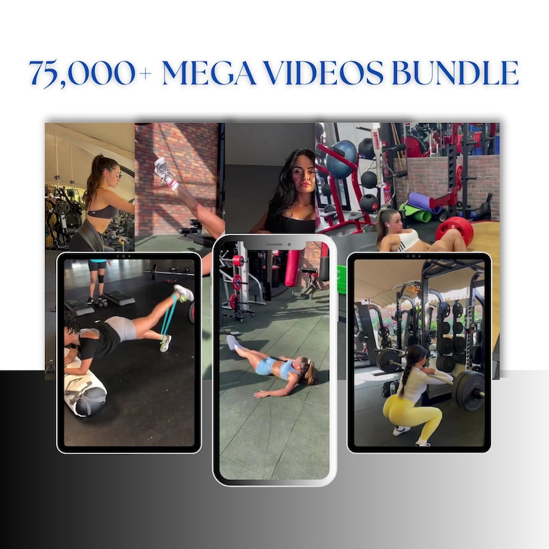 Peut inclure: Image promotionnelle d'un ensemble de vid&eacute;os de fitness. Le texte "75,000+ MEGA VIDEOS BUNDLE" est affich&eacute; en haut. L'image montre diverses routines d'entra&icirc;nement, avec des personnes s'exer&ccedil;ant dans une salle de sport, utilisant des &eacute;quipements.