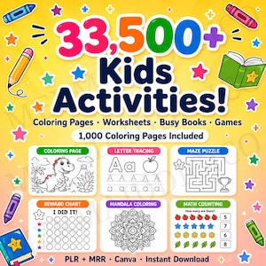 Puede incluir: Un gráfico colorido que promociona "¡33.500+ Actividades para Niños!" incluyendo páginas para colorear, hojas de trabajo, libros de actividades y juegos. La imagen presenta ejemplos de actividades como trazar letras y mandalas.