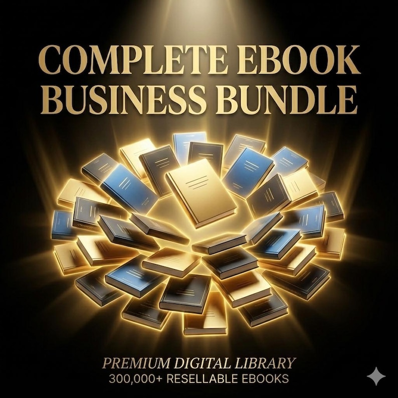 May include: A digital graphic featuring a collection of stylized books in gold, blue, and black, radiating light against a dark background. The text "COMPLETE EBOOK BUSINESS BUNDLE" is at the top, with "PREMIUM DIGITAL LIBRARY" and "300,000+ RESELLABLE EBOOKS" at the bottom.