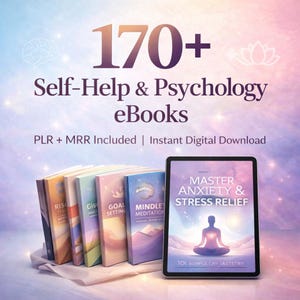 Könnte beinhalten: Das Bild zeigt eine Sammlung von E-Books zu Selbsthilfe und Psychologie. Es zeigt ein Tablet mit "Master Anxiety & Stress Relief" auf dem Bildschirm, sowie mehrere physische Bücher. Der Text "170+ Self-Help & Psychology eBooks" ist deutlich sichtbar.