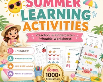 Summer Learning Activities for Preschoolers, Kindergarten Summer Workbook, Printable Preschool Worksheets, PLR MRR Included, Homeschool PDF