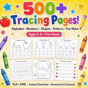Op de afbeelding: Kleurrijke educatieve afbeelding met de tekst "500+ Tracing Pages!" met alfabet-, cijfer-, vorm- en patroontraceeroefeningen. Inclusief kleurpotloden en sterren. Ontworpen voor kinderen van 2-6 jaar, printklaar.