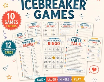Icebreaker Games Printable Bundle, 10 Fun Party Games, Conversation Starters, Get to Know You Bingo, Group Games for Adults & Teens