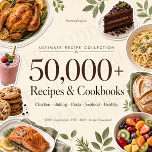 Kookboekbundel met meer dan 50.000 recepten | 200 kookboeken PLR MRR | Kip Pasta Desserts Bakken Keto Veganistisch | Bewerkbare digitale kookboekencollectie