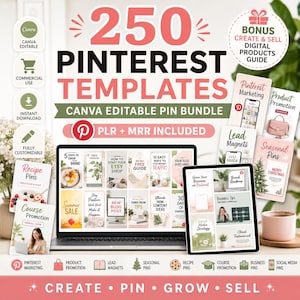 250 modelli per pin di Pinterest, modificabili con Canva, diritti PLR/MRR, pacchetto marketing per Pinterest, modelli per social media, download immediato.