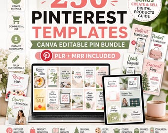 250 Pinterest Pin Templates, Canva Editable, PLR MRR Rights, Pinterest Marketing Bundle,  Social Media Templates, Instant Download