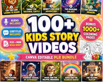 100+ Kids Story Videos Canva Editable PLR MRR, Interactive story book, Kid story for ipad, Childrens book, 1000+ Coloring Pages