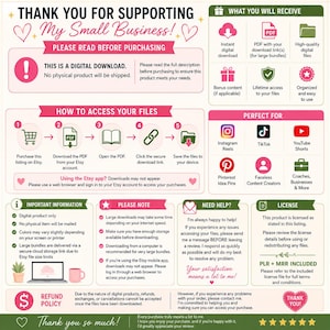 May include: An informational graphic for a digital download product. It includes sections titled Thank You For Supporting My Small Business, What You Will Receive, How To Access Your Files, Important Information, Please Note, Need Help, and License. The layout uses pink and green accents with icons for downloads, social media platforms, and support.