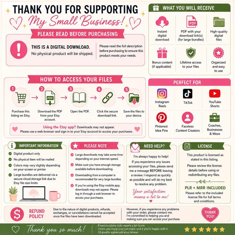 May include: An informational graphic for a digital download product. It includes sections titled Thank You For Supporting My Small Business, What You Will Receive, How To Access Your Files, Important Information, Please Note, Need Help, and License. The layout uses pink and green accents with icons for downloads, social media platforms, and support.