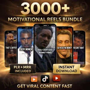 Puede incluir: Imagen que promociona un paquete de reels motivacionales. La imagen presenta varios teléfonos inteligentes que muestran citas motivacionales con rostros de celebridades. El texto incluye "3000+ Motivational Reels Bundle", "Instant Download" e iconos de redes sociales.