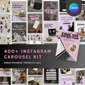 Peut inclure: Un kit de carrousel Instagram pour produits numériques, avec un design rose et noir. Le kit comprend des modèles pour les vendeurs de produits numériques, avec du texte tel que "400+ Instagram Carousel Kit" et "Instant Download | Editable in Canva."