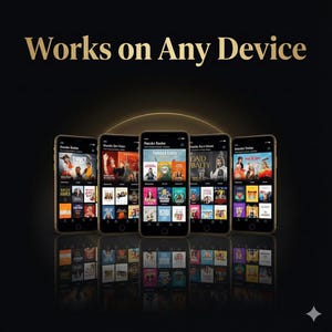 May include: Image shows five smartphones displaying a streaming service interface. The screens showcase various movie and show titles. The text "Works on Any Device" is displayed in gold lettering at the top of the image.