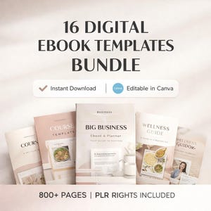 Puede incluir: Un paquete de 16 plantillas de libros electrónicos digitales. Las portadas son en tonos rosa, blanco y beige. Los títulos incluyen "Big Business", "Wellness Guide" y "Course Template". El paquete incluye más de 800 páginas y es editable en Canva.