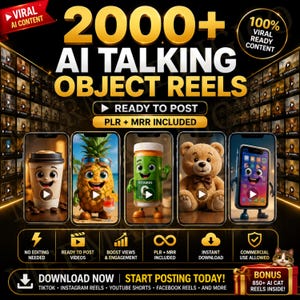 May include: A promotional graphic with the text "2000+ AI Talking Object Reels." The image showcases animated objects on smartphones, including a coffee cup, pineapple, vitamin bottle, teddy bear, and phone. Additional text includes "Ready to Post" and "Download Now."