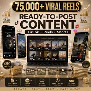 Peut inclure: Publicit&eacute; pour la cr&eacute;ation de contenu pour les r&eacute;seaux sociaux. L'image pr&eacute;sente un ordinateur portable, des smartphones et des piles de mod&egrave;les. Le texte comprend "75 000+ Reels viraux", "Contenu pr&ecirc;t &agrave; publier" et "TikTok, Reels, Shorts". L'image montre &eacute;galement des mesures d'engagement et de vues.