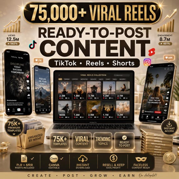 75,000+ Viral Reels Bundle PLR MRR, TikTok Instagram YouTube Shorts, Canva Editable Social Media Templates, Digital Download
