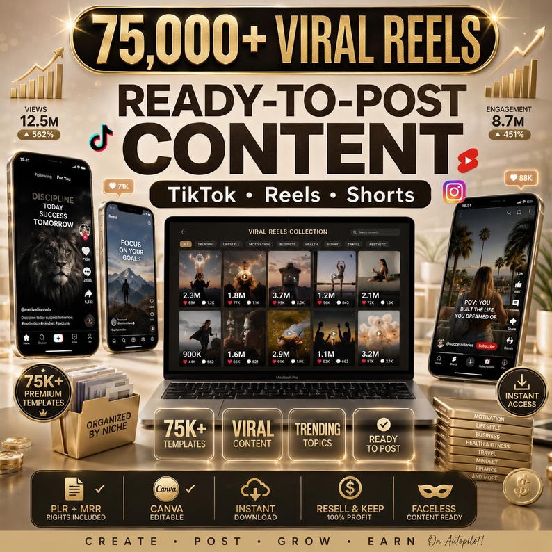 Peut inclure: Publicit&eacute; pour la cr&eacute;ation de contenu pour les r&eacute;seaux sociaux. L'image pr&eacute;sente un ordinateur portable, des smartphones et des piles de mod&egrave;les. Le texte comprend "75 000+ Reels viraux", "Contenu pr&ecirc;t &agrave; publier" et "TikTok, Reels, Shorts". L'image montre &eacute;galement des mesures d'engagement et de vues.