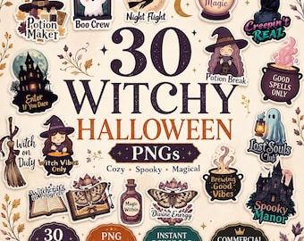 30 Witchy Halloween Clipart PNG Bundle, Cozy Witch PNG, Spooky Magic Clip Art, Halloween Sticker Graphics, Witch printables, Commercial Use
