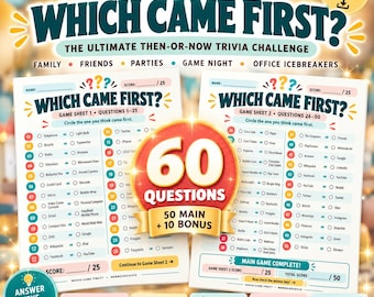 Which Came First Trivia Game, Printable Party Game for Adults & Teens, Family Game Night, Office Icebreaker, 60 Trivia Questions