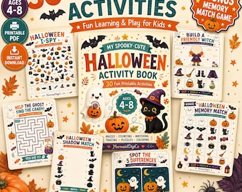 Halloween Activity Book for Kids Ages 4-8, 30 Printable Games & Worksheets, Halloween Activities PDF, Bonus Memory Match Game