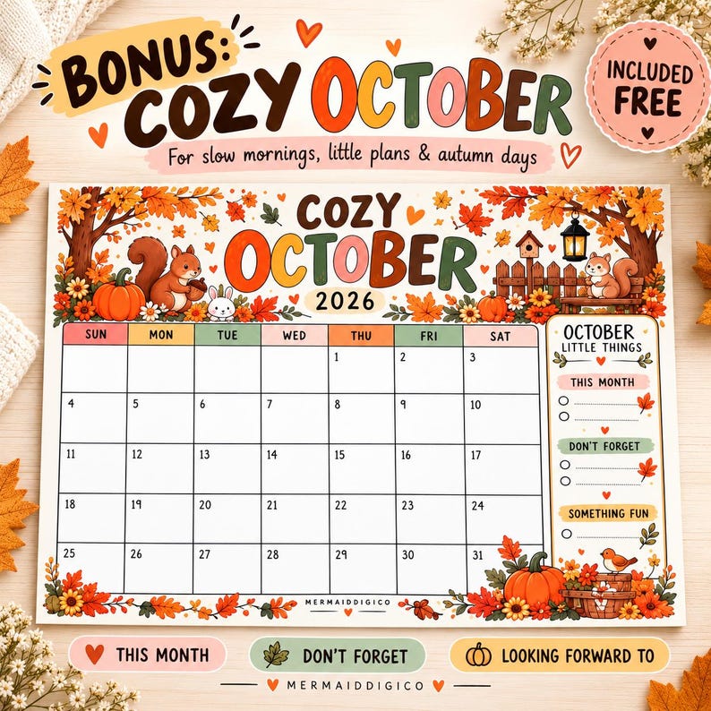 October 2026 Calendar Printable, Cute Halloween Calendar, Cozy Fall ...