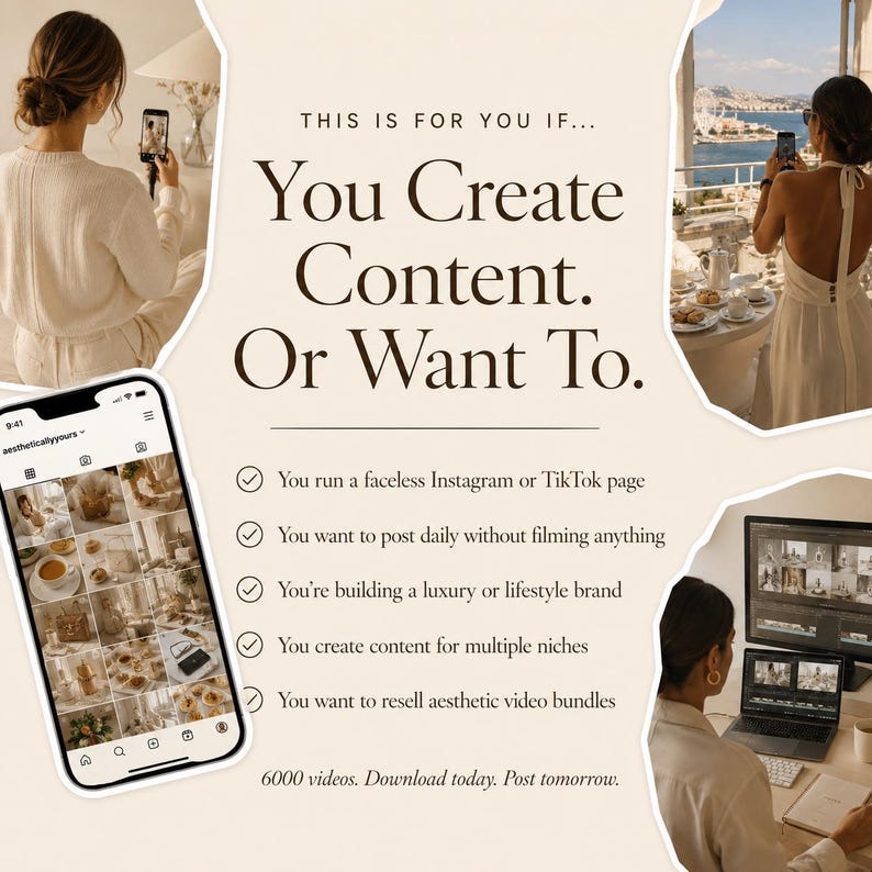 May include: A digital marketing graphic featuring the text THIS IS FOR YOU IF... You Create Content. Or Want To. It includes a smartphone displaying an Instagram grid, a laptop showing video editing software, and images of individuals filming content.