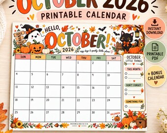 October 2026 Calendar Printable, Cute Halloween Calendar, Cozy Fall Monthly Planner, October Wall Calendar, 2 Designs PDF