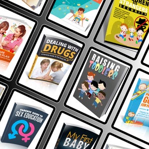 May include: A collection of digital book covers on tablets. Titles include "Dealing with Drugs," "Raising Toddlers," "Parents' Guide to Sex Education," and "My First Baby." The covers feature illustrations and text.