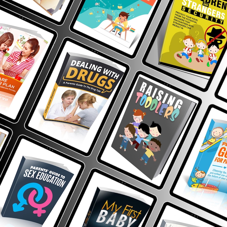 May include: A collection of digital book covers on tablets. Titles include "Dealing with Drugs," "Raising Toddlers," "Parents' Guide to Sex Education," and "My First Baby." The covers feature illustrations and text.