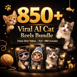 Peut inclure: Image promotionnelle avec le texte "850+ Viral AI Cat Reels Bundle". L'image présente plusieurs chatons, dont certains costumés, affichés sur des smartphones. Le fond est sombre avec des accents dorés, notamment des empreintes de pattes et un poisson.