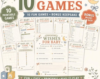 Baby Shower Games Bundle Printable, 10 Baby Shower Games + Bonus Wishes for Baby, Gender Neutral Baby Shower Games, Instant Download