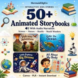 Puede incluir: Gráfico digital que promociona "50+ Libros de cuentos animados" para niños. La imagen presenta ilustraciones de un volcán, océano, espacio y cuerpo humano, con el texto "Ciencia, Naturaleza, Salud, Maravillas del mundo". El logo de MermaidDigiCo está arriba.