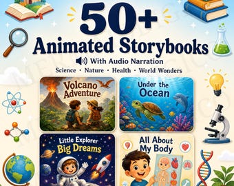 50+ Interactive Kids Storybook Bundle | Animated Canva Stories with Audio | Science Nature Health | Teachers Parents | PLR Digital Download