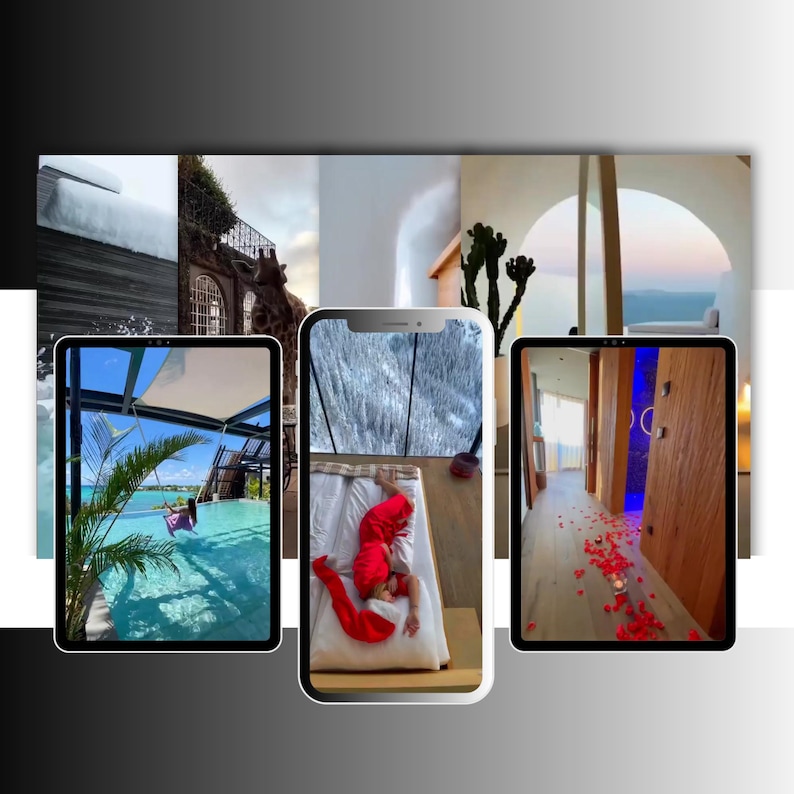 Peut inclure: Un collage num&eacute;rique d'images vari&eacute;es. L'une montre une personne se balan&ccedil;ant dans une piscine, une autre une personne en v&ecirc;tements rouges sur un lit, et une troisi&egrave;me un couloir avec des p&eacute;tales de rose. D'autres images incluent un paysage enneig&eacute; et un balcon.
