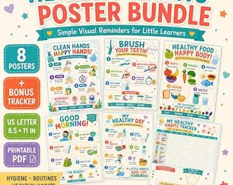 Kids Healthy Habits Posters Printable, Hygiene & Daily Routine Charts, Hand Washing, Brushing Teeth, Preschool Classroom Decor