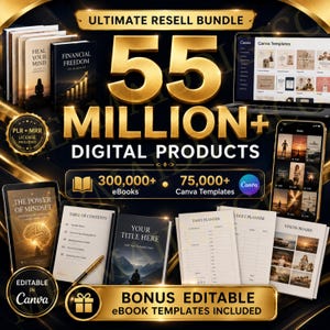 May include: An advertisement for a digital product bundle. The image features books, tablets, and a phone displaying digital content. Text includes "Ultimate Resell Bundle," "55 Million+ Digital Products," and "Bonus Editable eBook Templates Included."