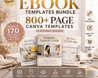 16 Canva Ebook Templates Bundle | 800+ Pages Editable PLR Templates | Create & Sell eBooks Fast | Workbook, Course and Cookbook Designs