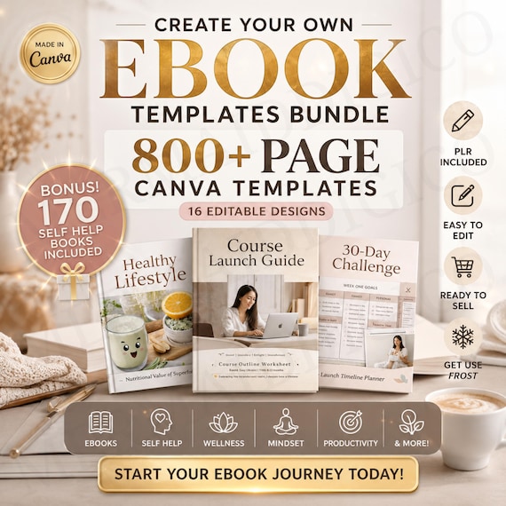 16 Canva Ebook Templates Bundle | 800+ Pages Editable PLR Templates | Create & Sell eBooks Fast | Workbook, Course and Cookbook Designs