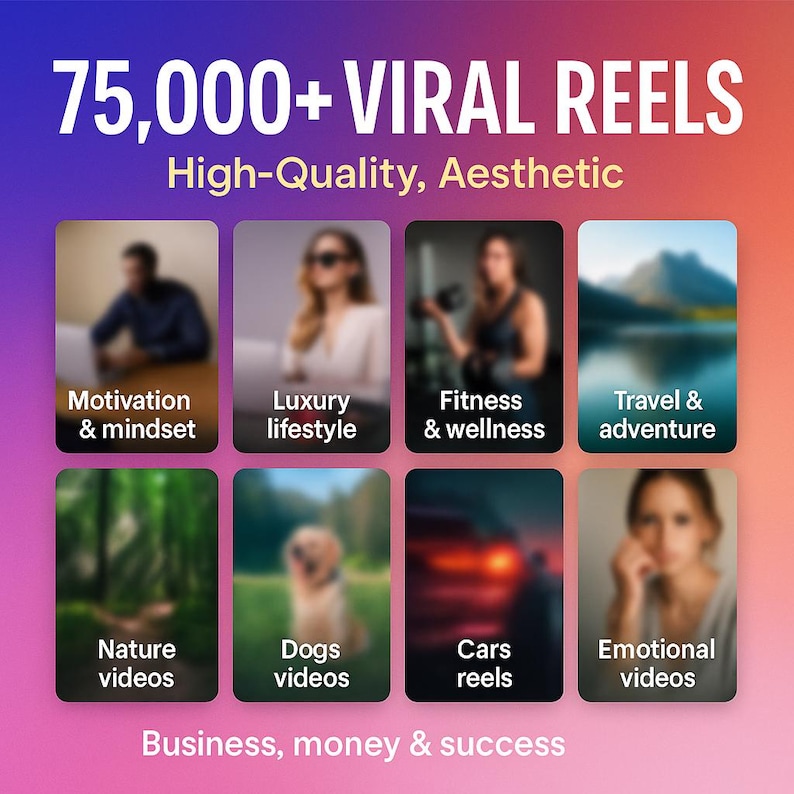 Peut inclure: Une image promotionnelle avec un fond d&eacute;grad&eacute; et le texte "75,000+ VIRAL REELS". Des vignettes d'images avec des cat&eacute;gories telles que "Motivation & mindset", "Luxury lifestyle" et "Fitness & wellness" sont pr&eacute;sent&eacute;es. Le texte inf&eacute;rieur indique "Business, money & success."