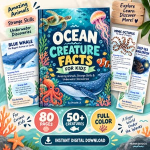 May include: A hardcover book titled Ocean Creature Facts for Kids featuring illustrations of a sea turtle, jellyfish, clownfish, and whale. The cover includes text about amazing animals, strange skills, and underwater discoveries by Preethi A.