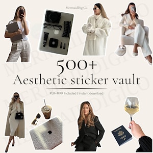 Puede incluir: Imagen con el texto "500+ Aesthetic sticker vault" y "PLR+MRR Included | Instant download". La imagen incluye elementos de estilo de vida como un portátil, gafas y un pasaporte.