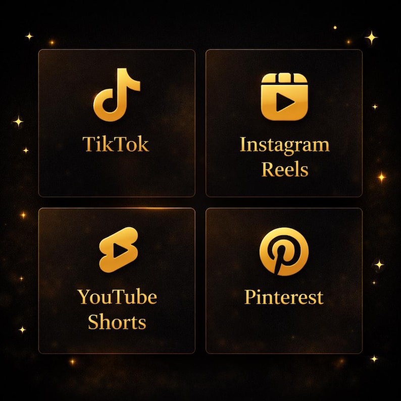 Może przedstawiać: Cztery złote ikony na ciemnym tle, każda w kwadracie. Ikony reprezentują platformy medi&oacute;w społecznościowych: TikTok, Instagram Reels, YouTube Shorts i Pinterest. Etykiety tekstowe są złote.
