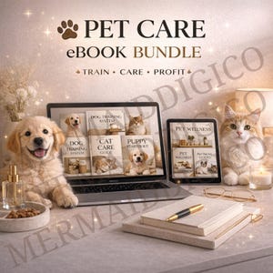 Può includere: Un laptop e un tablet mostrano ebook sulla cura degli animali domestici, inclusi kit di addestramento per cani e per cuccioli. Un cucciolo di golden retriever e un gatto sono nelle vicinanze. L'immagine include il testo "PET CARE eBook BUNDLE".