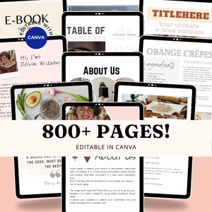 May include: A digital e-book template collection featuring over 800 pages editable in Canva. The display shows various layouts including a table of contents, about us sections, recipe pages with ingredients and instructions, and text placeholders.